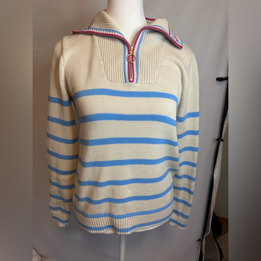 J. Crew Cream w/ Bright Blue Stripe. Quarter Zip-Up Sweater